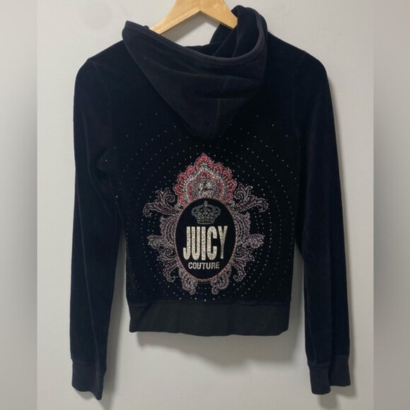 Juicy Couture Black Velour Hoodie Size M — Logo Back with Crown & Crest - Picture 4 of 9